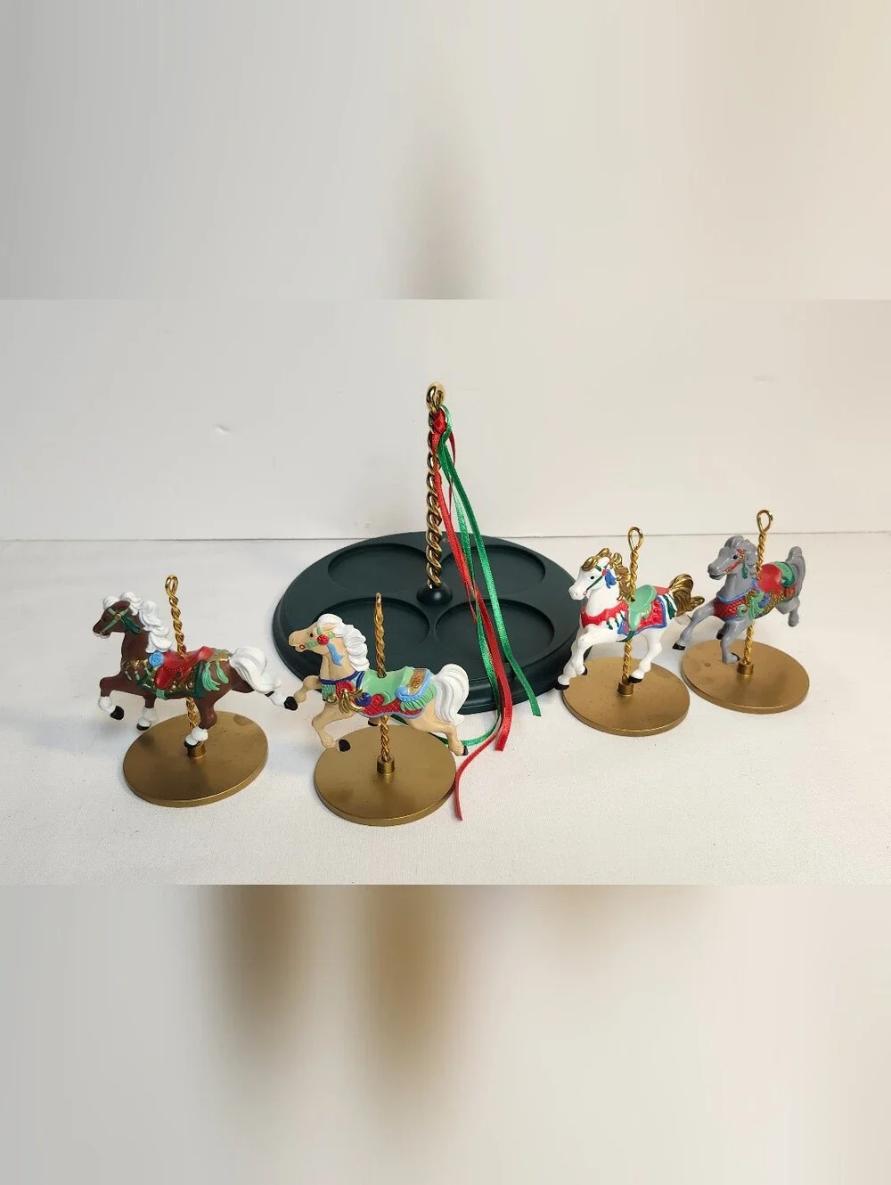 1989 Halmark Holiday Carousel Horse Ornament Set - Green & Multicolor
